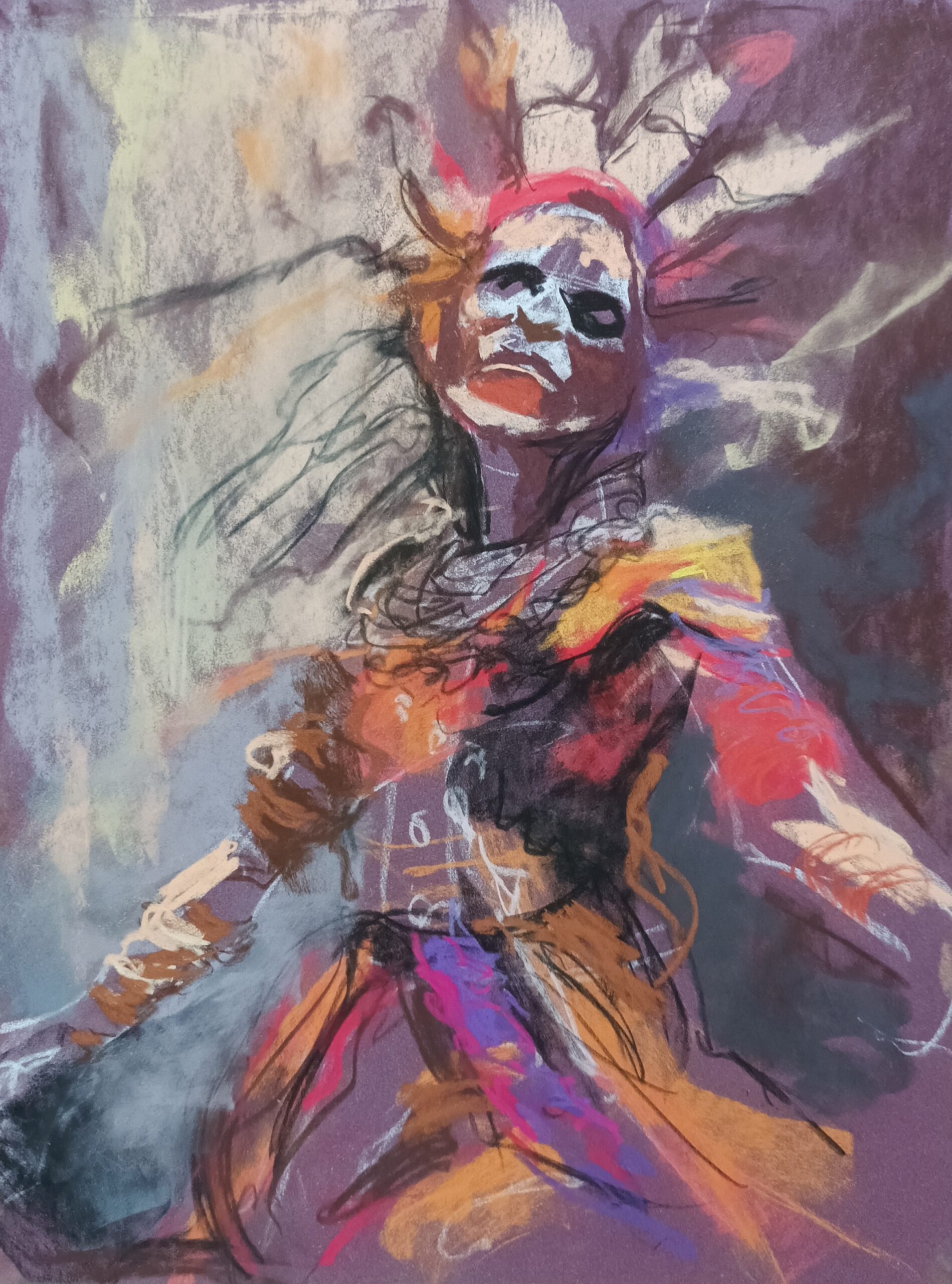 zeitgenössische Kunst - KI-Kunst: "Shaman's Dance" Pastellskizze aus der Serie "Digital Shamans" (2023), Pastell auf Pastelmat Pastellpapier, 30x40 cm, gerahmt