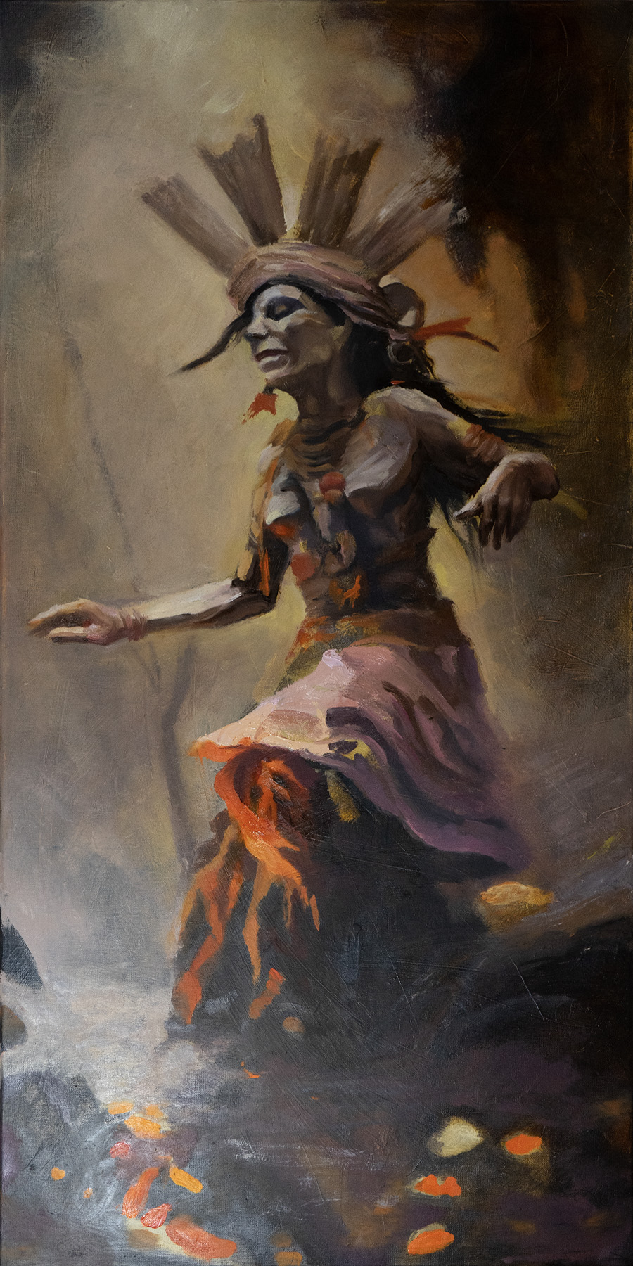 Ephemeral Conduit (Water Shaman II) 1 zeitgenössische Kunst - KI-Kunst: Water Shaman's Fluvial Balance (2023) aus der Serie "Digital Shamans", Ol auf Leinwand, 50x100 cm